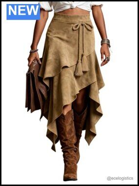 Maxi Skirts for Women Faux Suede Western Winter Long Fringe Ruffle High Waist